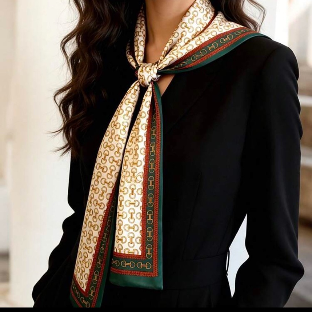 Elegant Cream Patterned Silk Scarf with Green Trim
